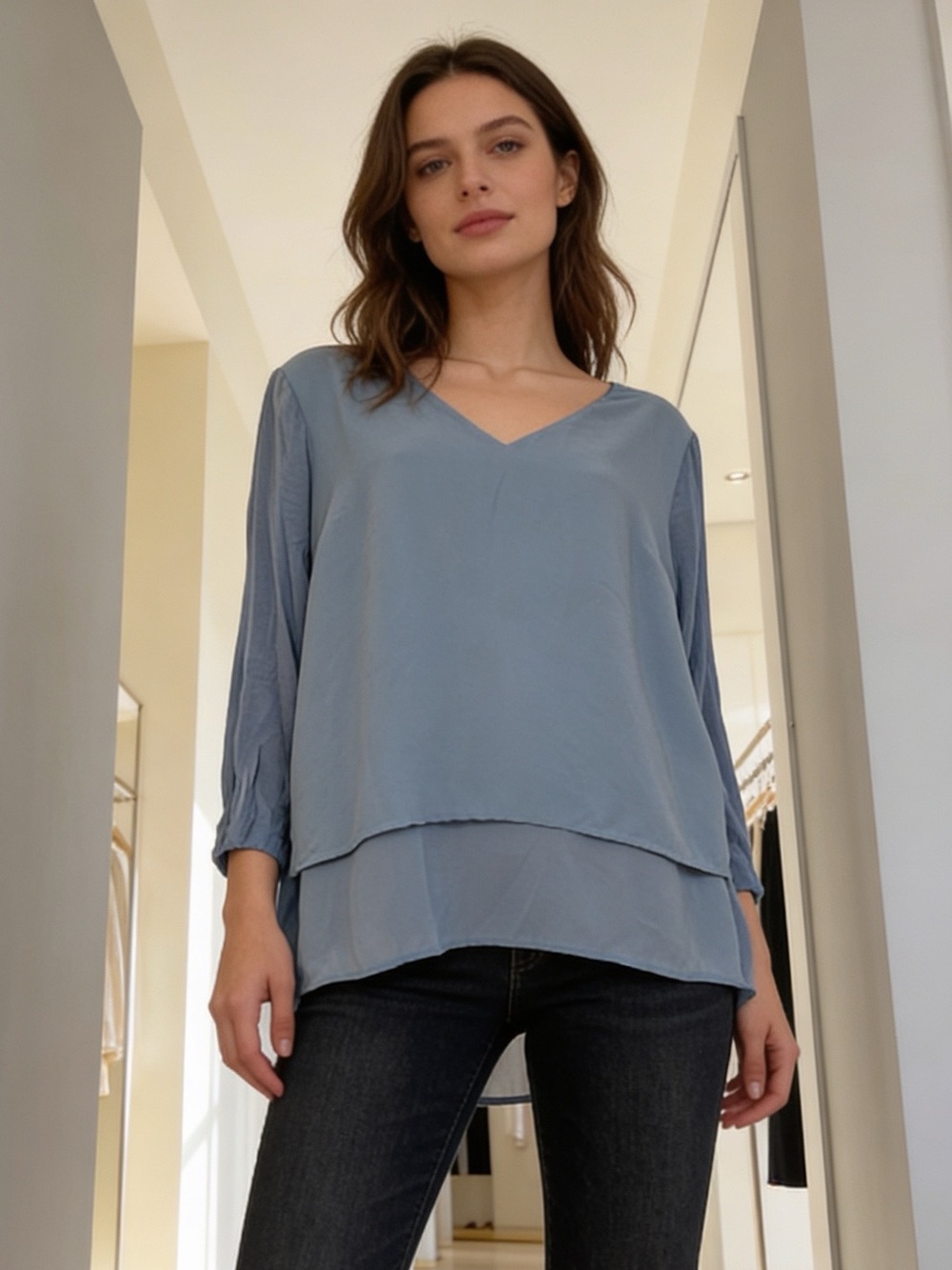 Michael Kors Blue Layered Hem Blouse Flowy V Neck Tunic Top Large